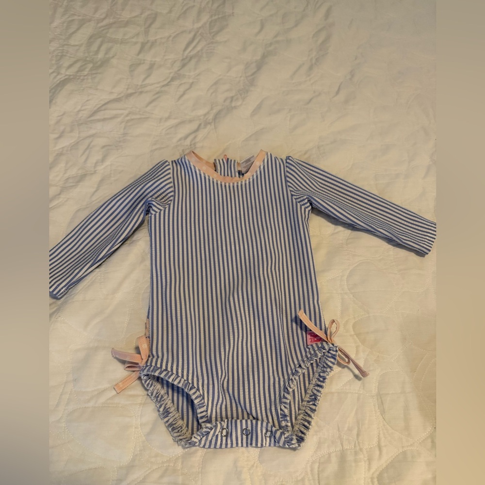 Ruffle Butts Blue and Pink Bodysuit with Ruffled Hem